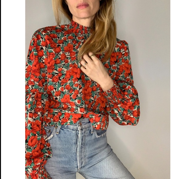 Vintage Floral Rose Cropped Puff Sleeve 70s Style Statement Party Blouse - Picture 8 of 15